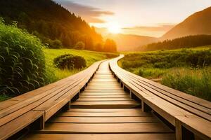 un' di legno passerella conduce per il tramonto nel il montagne. ai-generato foto