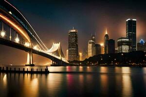 un' ponte al di sopra di acqua a notte con città luci. ai-generato foto