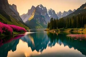 un' lago circondato di montagne e fiori. ai-generato foto