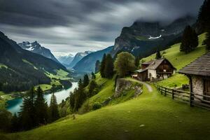 un' Casa nel il montagne con un' lago e montagne. ai-generato foto