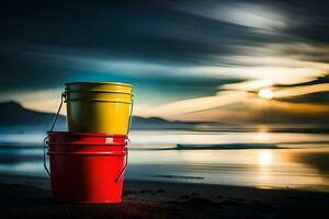 Due rosso e giallo benne su il spiaggia a tramonto. ai-generato foto
