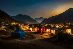 un' notte tiro di un' villaggio nel il montagne. ai-generato foto