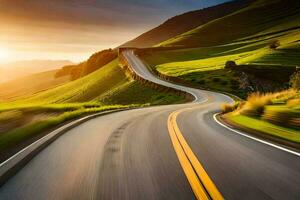 un' avvolgimento strada nel il montagne a tramonto. ai-generato foto