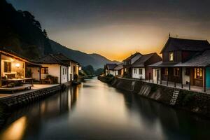 un' fiume corre attraverso un' cittadina a tramonto. ai-generato foto