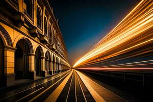 un' lungo esposizione fotografia di un' treno andando attraverso un' città. ai-generato foto