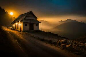 un' piccolo Casa si siede su il lato di un' montagna a tramonto. ai-generato foto