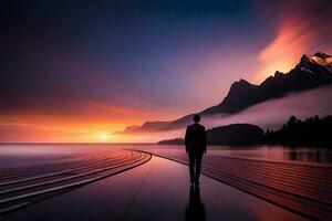 un' uomo in piedi su un' bacino guardare a il tramonto. ai-generato foto