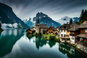 un' lago e case nel il montagne. ai-generato foto