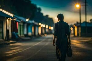 un' donna passeggiate giù un' strada a notte. ai-generato foto