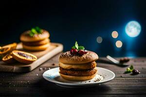 un' piatto di cibo con un' hamburger e alcuni altro Oggetti. ai-generato foto