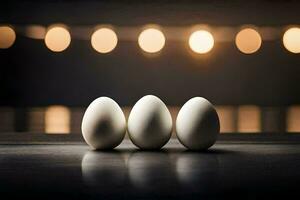 tre uova su un' tavolo con luci nel il sfondo. ai-generato foto