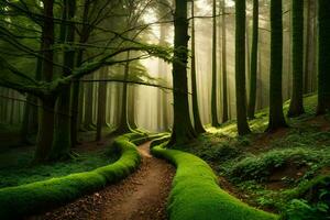 un' sentiero attraverso un' foresta con muschioso alberi. ai-generato foto