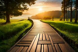 un' di legno sentiero conduce per il sole nel il mattina. ai-generato foto