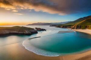 un' bellissimo spiaggia a tramonto con onde e sabbia. ai-generato foto