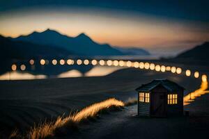 un' piccolo Casa si siede su il spiaggia a crepuscolo. ai-generato foto