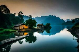 un' lago e Due piccolo case nel il montagne. ai-generato foto