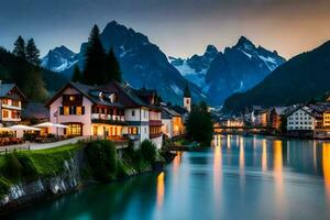 foto sfondo il cielo, montagne, acqua, montagne, lago, Casa, Casa, casa,. ai-generato