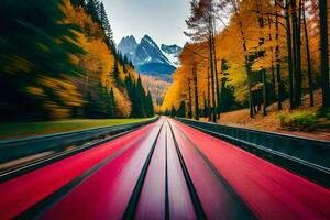 un' treno in viaggio attraverso il montagne con un' rosso linea. ai-generato foto