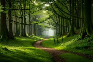 un' sentiero attraverso un' verde foresta con alberi. ai-generato foto