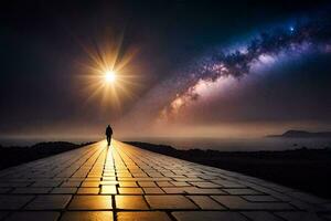 un' uomo in piedi su un' passerella nel davanti di un' stellato cielo. ai-generato foto