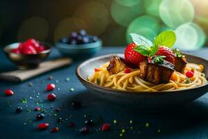 spaghetti con carne e frutti di bosco su un' buio tavolo. ai-generato foto