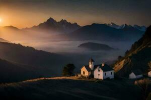 un' piccolo Chiesa nel il montagne con il sole ambientazione. ai-generato foto