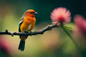 un' piccolo arancia uccello è seduta su un' ramo. ai-generato foto