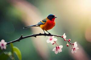 un' colorato uccello si siede su un' ramo con fiori. ai-generato foto