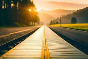 un' treno traccia principale per il tramonto. ai-generato foto