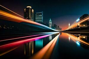 un' città a notte con luci su il strada. ai-generato foto