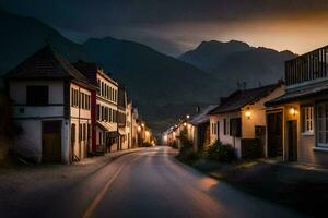 foto sfondo il cielo, montagne, strada, case, il scuro, il luce, il strada. ai-generato