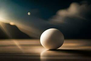 un uovo su un' tavolo nel davanti di un' tramonto. ai-generato foto