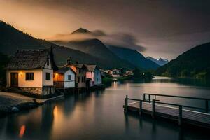 un' lago e case nel il montagne a tramonto. ai-generato foto