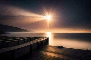 un' lungo esposizione fotografia di il sole splendente al di sopra di il oceano. ai-generato foto