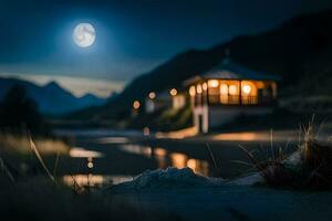 un' illuminato dalla luna spiaggia con un' Casa e un' leggero splendente nel il cielo. ai-generato foto