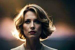 un' donna con corto capelli e un' rosso rossetto. ai-generato foto