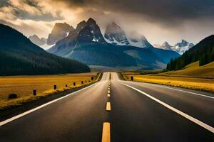 un' lungo strada con montagne nel il sfondo. ai-generato foto