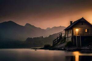 un' piccolo cabina si siede su il riva di un' lago a tramonto. ai-generato foto