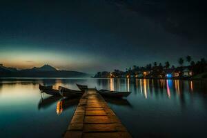 un' barca molo su un' lago a notte. ai-generato foto
