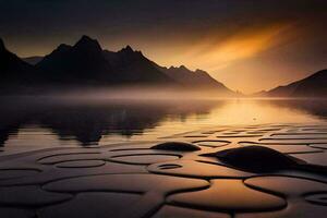 un' lago con rocce e acqua a tramonto. ai-generato foto
