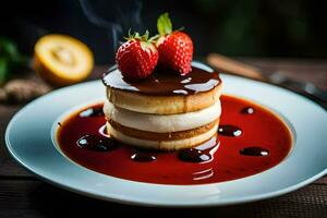 un' pila di Pancakes con fragole e sciroppo. ai-generato foto