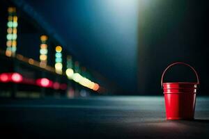 un' rosso secchio seduta su il strada a notte. ai-generato foto