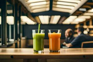 Due bicchieri di succo su un' di legno tavolo. ai-generato foto