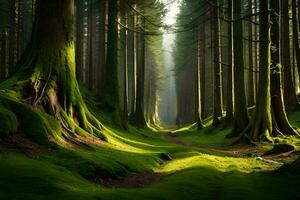 un' sentiero attraverso un' foresta con muschioso alberi. ai-generato foto