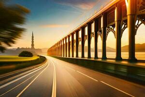 un' auto guida su un' autostrada con un' ponte nel il sfondo. ai-generato foto