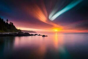 un' colorato tramonto al di sopra di il oceano con un' lungo esposizione. ai-generato foto