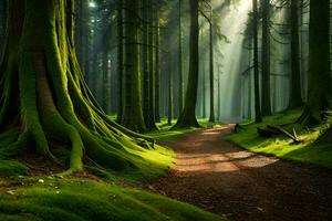 un' sentiero attraverso un' verde foresta con alberi. ai-generato foto