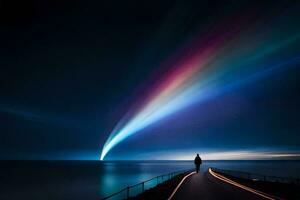 un' uomo passeggiate lungo un' molo a notte con un' arcobaleno luce. ai-generato foto