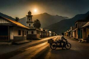 un' uomo su un' motociclo cavalcate giù un' strada nel il mezzo di un' villaggio. ai-generato foto