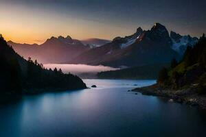 un' lago e montagne a tramonto. ai-generato foto